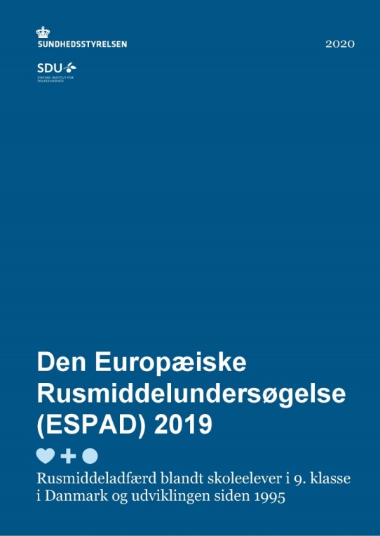 Forside til rapporten "Den Europæiske Rusmiddelundersøgelse (ESPAD) 2019" Blå forside til en rapport med teksten "Den Europæiske Rusmiddelundersøgelse (ESPAD) 2019" og undertitlen "Rusmiddeladfærd blandt skoleelever i 9. klasse i Danmark og udviklingen siden 1995".