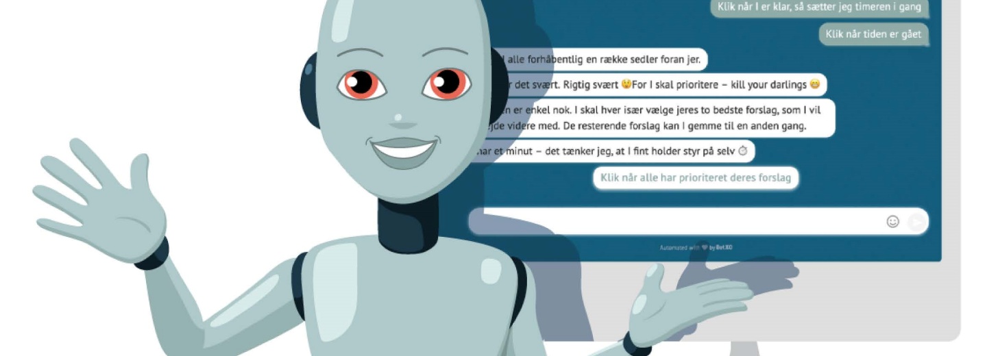 Illustreret robot, der vinker og peger foran en blå chatgrænseflade med danske tekstbobler.